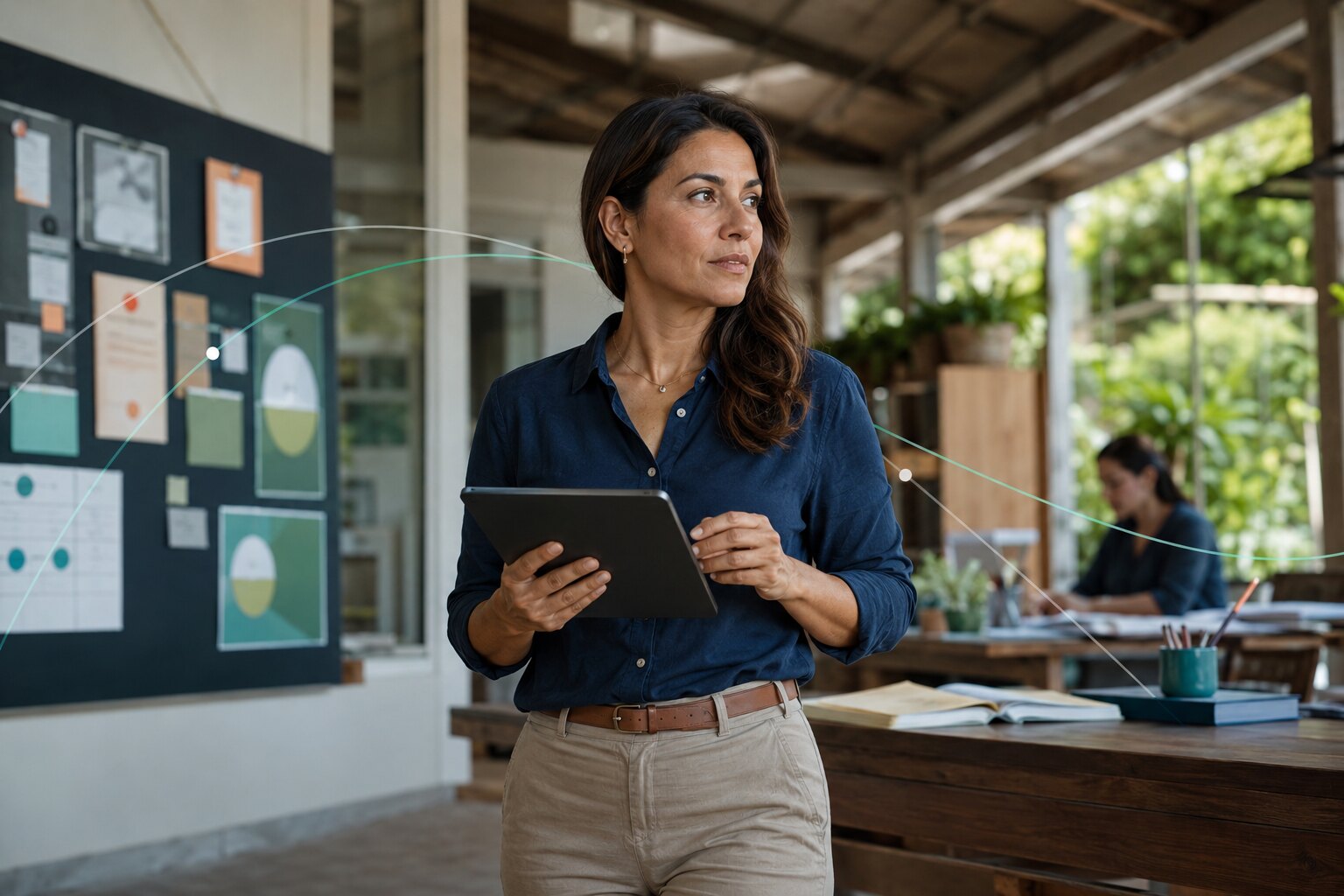 Gerente integrando estrategia, tecnología y conocimiento en su negocio