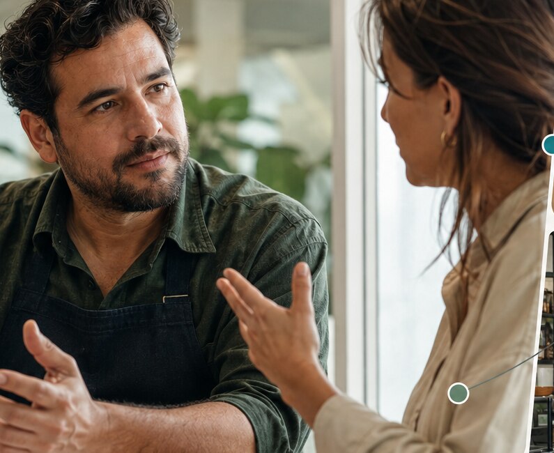 Empresario y asesora conversando para comprender la realidad del negocio